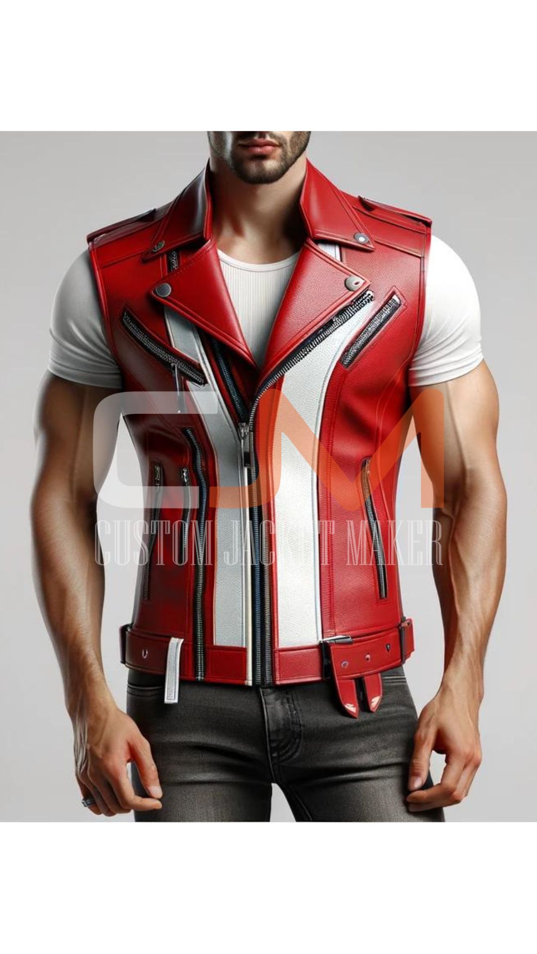 Red & White Stylish leather Vest For Men 1 Stylish leather Vest For Men