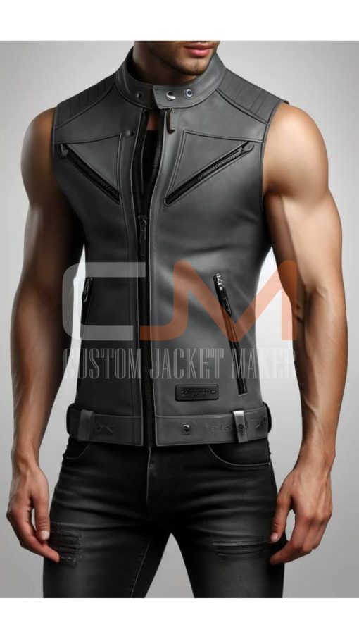 Grey Vest Slim Fit Leather Jacket For Men