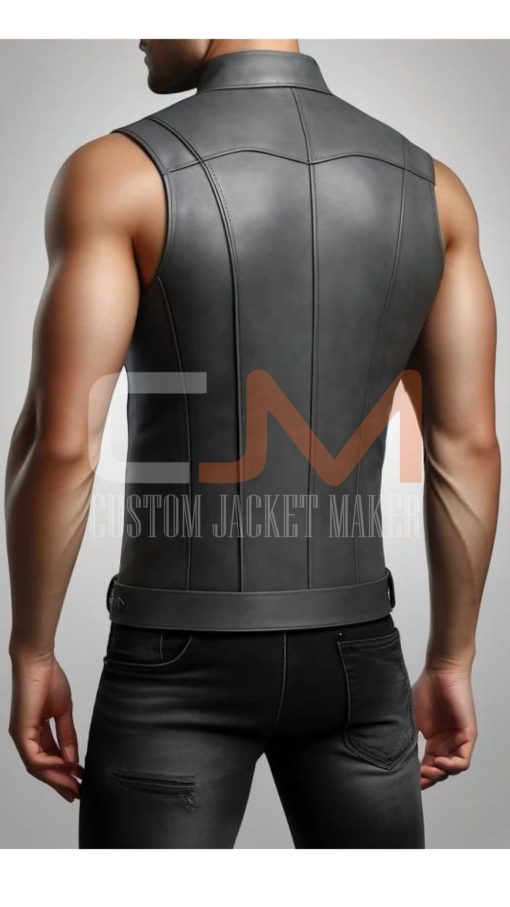 Grey Vest Slim Fit Leather Jacket For Men - Image 2