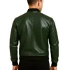 Green Leather Bomber Jacket for Men 3 Green leather bomber jacket for men styled casually by custom jacket maker in USA