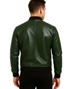 Green leather bomber jacket for men styled casually by custom jacket maker in USA