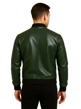 Green Leather Bomber Jacket for Men 2 Green leather bomber jacket for men styled casually by custom jacket maker in USA