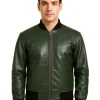 Green Leather Bomber Jacket for Men 4 Green leather bomber jacket for men styled casually by custom jacket maker in USA