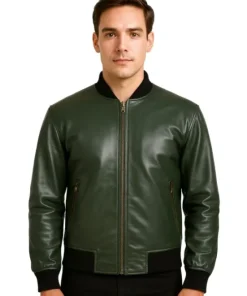 Green leather bomber jacket for men styled casually by custom jacket maker in USA