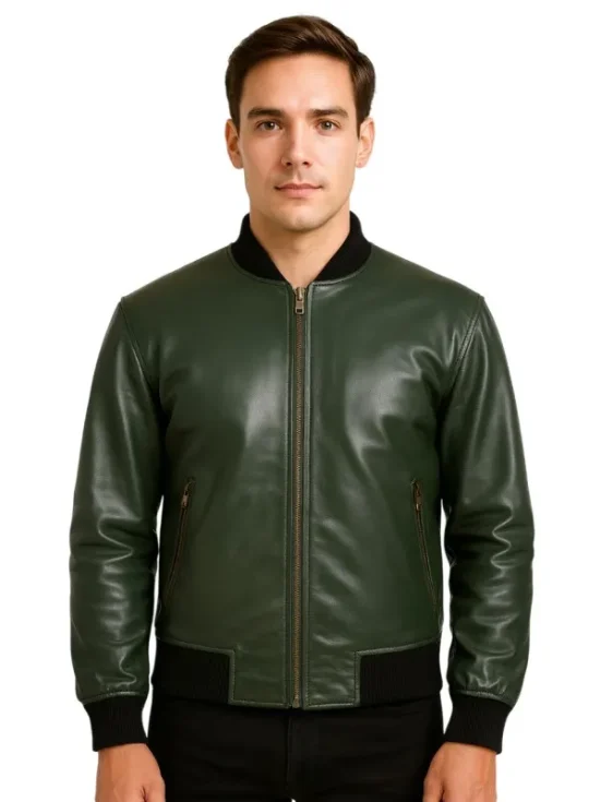 Green Leather Bomber Jacket for Men 1 Green leather bomber jacket for men styled casually by custom jacket maker in USA